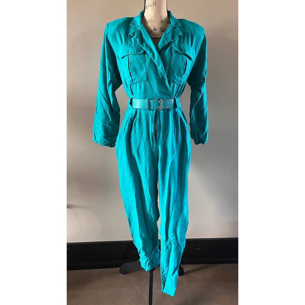 Vintage Union Made 80s Teal Green Jumpsuit With Belt Shoulder Pads Taurus II